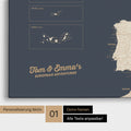 Map of Europe as a pinboard canvas in Hale Navy (blue-gold) with personalization and name in a modern script font