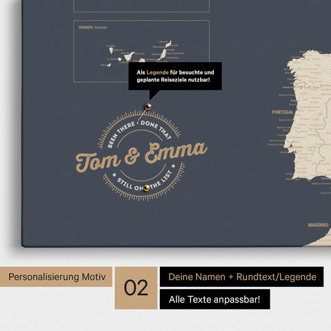 Europe map Push Pin Map in Hale Navy (Blue-Gold) with personalization as a round logo that includes a legend for already visited travel destinations in circular text
