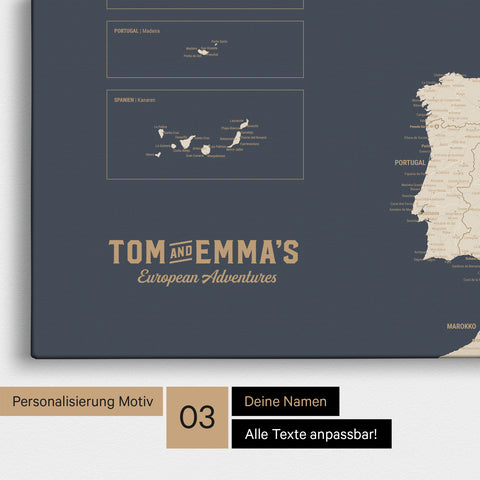 Europe map for pinning in Hale Navy (blue-gold) with vintage-style personalization