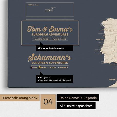 Europe map as canvas in Hale Navy (blue-gold) with personalization as logo with family name and legend for places already visited and still want to visit
