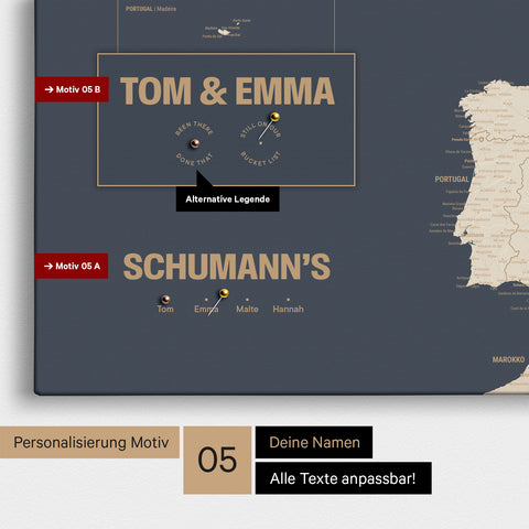Europe map in a modern design in Hale Navy (blue-gold) as a Push Pin Map with personalization as a logo with a globe