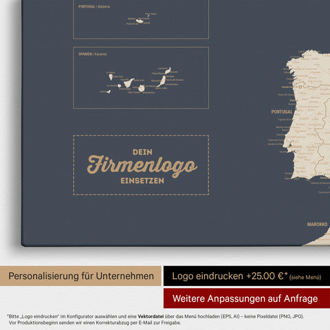 Europe map pinboard in Hale Navy (blue-gold) with imprint of a company logo for businesses
