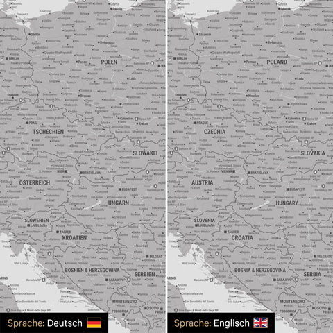 Europe map design in light gray optionally in German or English language