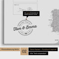 Europe map Push Pin Map in light gray with personalization as a round logo that includes a legend for already visited travel destinations in circular text