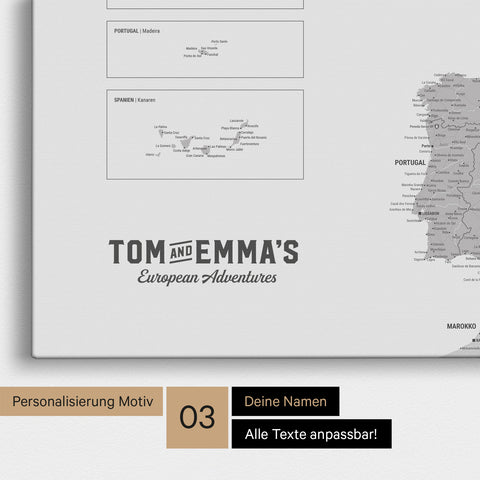 Europe map for pinning in light gray with personalization in vintage style