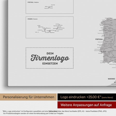 Europe map pinboard in light gray with the impression of a company logo for businesses