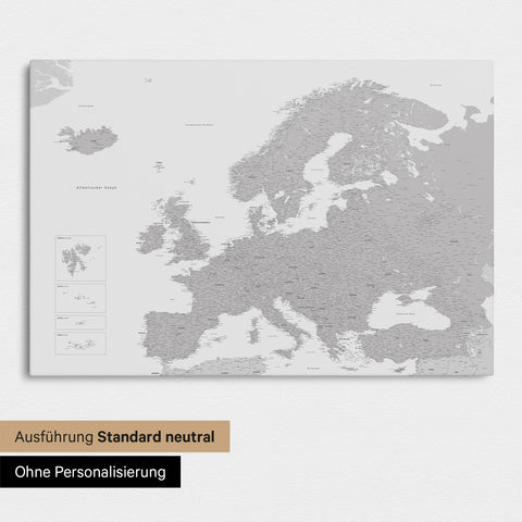 Neutral standard Version of the detailed Europe map as a pinboard canvas in light gray without personalization