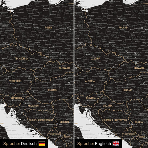 Europe map design in light black (white-black) optionally in German or English language