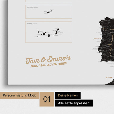Map of Europe as a pinboard canvas in Light Black (White-Black) with personalization and name in a modern script font