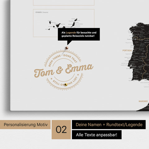 Europe map Push Pin Map in Light Black (White-Black) with personalization as a round logo that includes a legend for already visited travel destinations in circular text