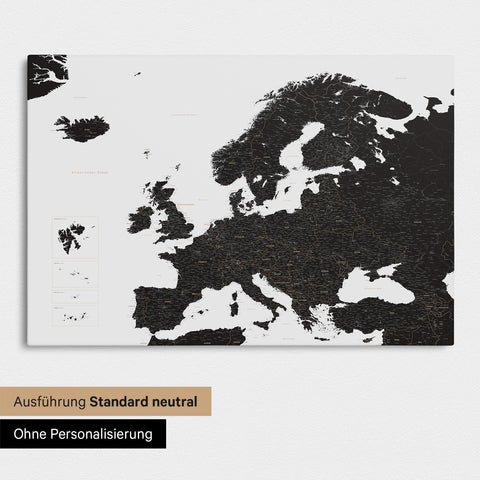 Neutral standard Version of the detailed Europe map as a pinboard canvas in Light Black (White-Black) without personalization