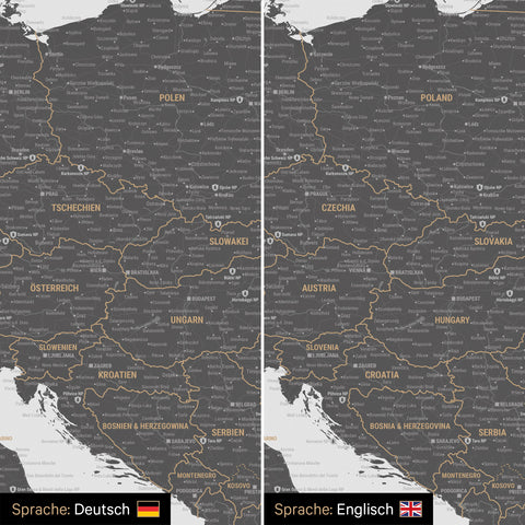 Europe map design in light gray optionally in German or English language