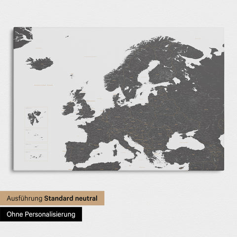 Neutral standard Version of the detailed Europe map as a pinboard canvas in light gray without personalization