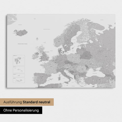 Neutral standard Version of the detailed Europe map as a pinboard canvas in multicolor gray without personalization