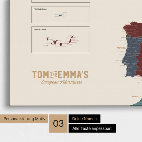 Europe map for pinning in multicolor vivid with personalization in vintage style