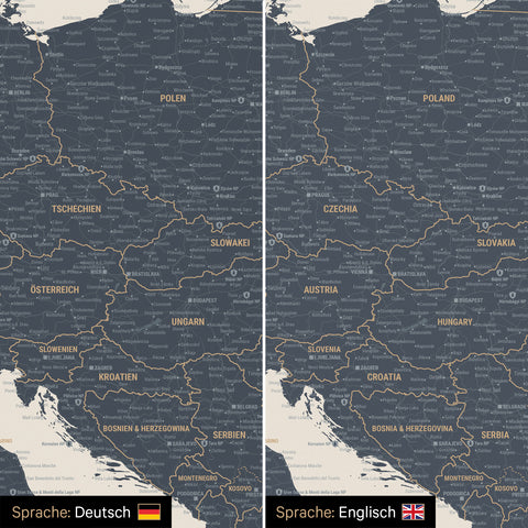 Europe map design in Navy Light optionally in German or English language