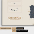 Europe map for pinning in Navy Light with personalization in vintage style