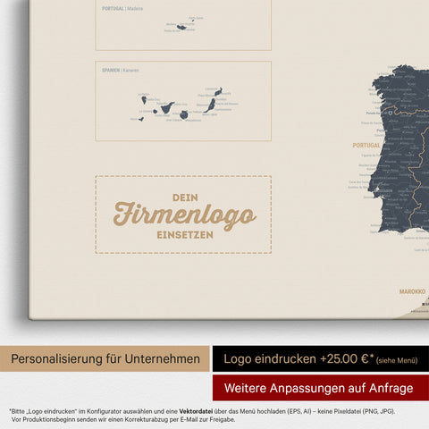 Europe map pinboard in Navy Light with imprint of a company logo for businesses