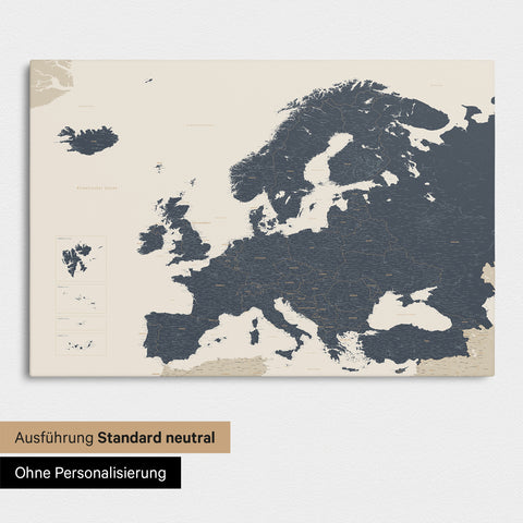 Neutral standard version of the detailed Europe map as a pinboard canvas in Navy Light without personalization