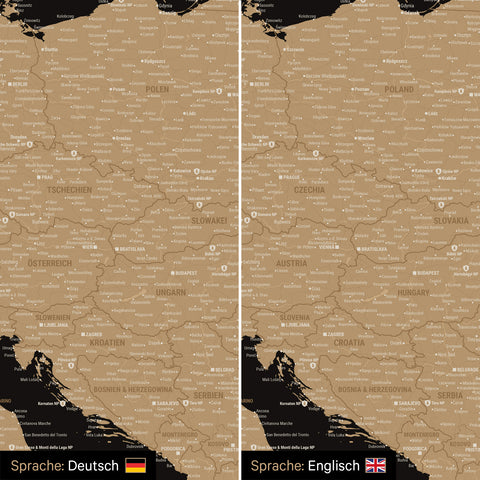 Europe map design in treasure gold optionally in German or English language