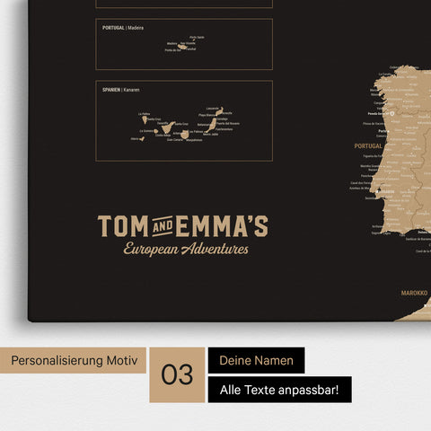Europe map for pinning in Treasure Gold with personalization in vintage style