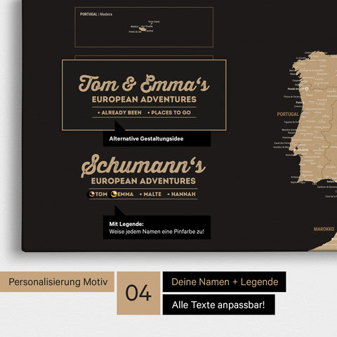 Europe map as canvas in Treasure Gold with personalization as logo with family name and legend for places already visited and still to visit