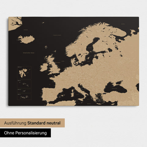 Neutral standard Version of the detailed Europe map as a pinboard canvas in Treasure Gold without personalization