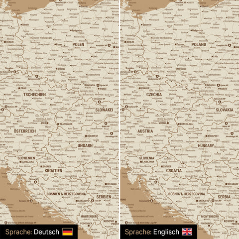 Europe map design in treasure gold optionally in German or English language