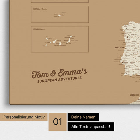 Map of Europe as a pinboard canvas in Treasure Gold with personalization and name in a modern script font