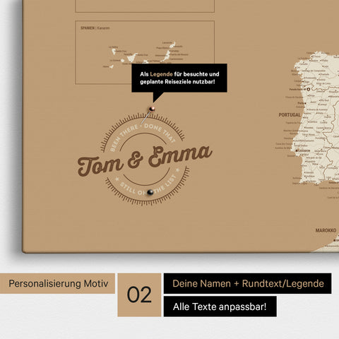 Europe map Push Pin Map in Treasure Gold with personalization as a round logo that includes a legend for already visited travel destinations in circular text