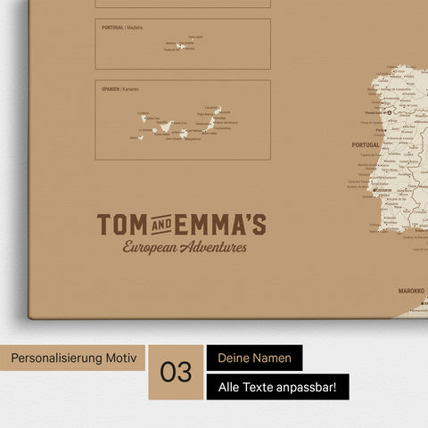 Europe map for pinning in Treasure Gold with personalization in vintage style