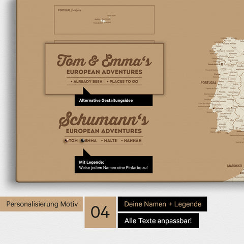Europe map as canvas in Treasure Gold with personalization as logo with family name and legend for places already visited and still to visit