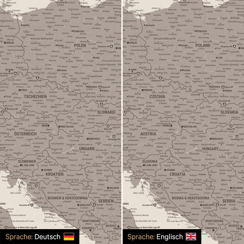 Europe map design in warm gray (brown-gray) optionally in German or English language