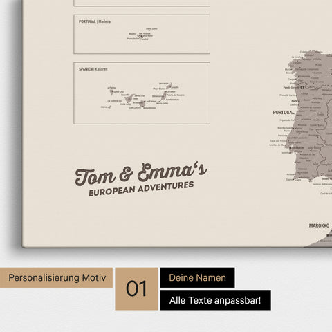 Map of Europe as a pinboard canvas in warm gray (brown-gray) with personalization and name in a modern script font