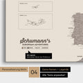 Europe map as canvas in warm gray (brown-gray) with personalization as logo with family name and legend for places already visited and still want to visit