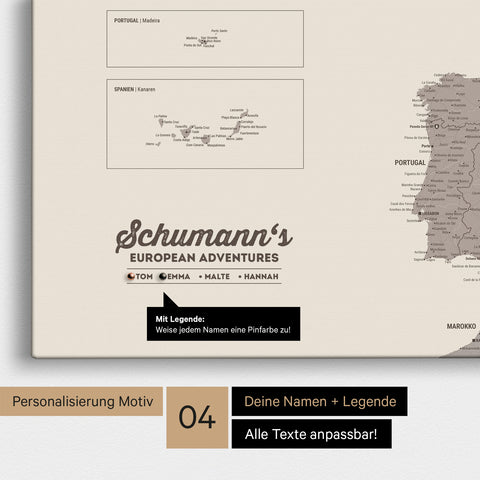 Europe map as canvas in warm gray (brown-gray) with personalization as logo with family name and legend for places already visited and still want to visit