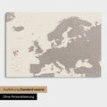 Neutral standard Version of the detailed Europe map as a pinboard canvas in warm gray (brown-gray) without personalization
