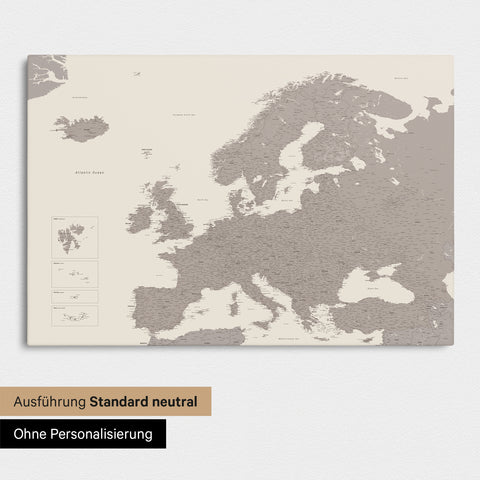 Neutral standard Version of the detailed Europe map as a pinboard canvas in warm gray (brown-gray) without personalization