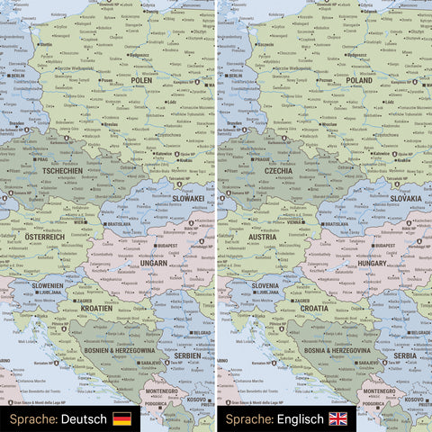 Political Europe map design in multicolor atlas optionally in German or English language