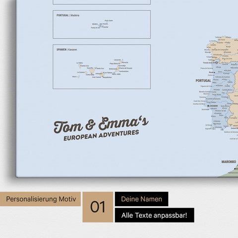 Map of Political Europe as a pinboard canvas in multicolor atlas with personalization and names in a modern script font