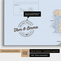 Political Europe map Push Pin Map in multicolor atlas with personalization as a round logo that includes a legend for already visited travel destinations in circular text