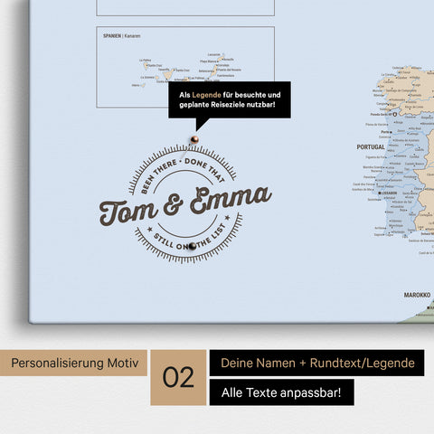 Political Europe map Push Pin Map in multicolor atlas with personalization as a round logo that includes a legend for already visited travel destinations in circular text