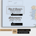 Political Europe map as canvas in multicolor atlas with personalization as logo with family name and legend for places already visited and still want to visit