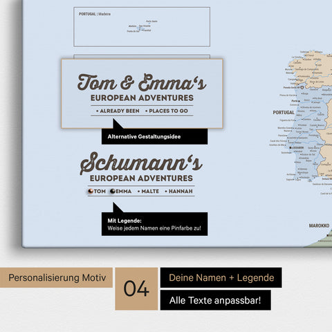 Political Europe map as canvas in multicolor atlas with personalization as logo with family name and legend for places already visited and still want to visit