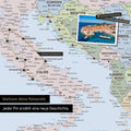 Modern political Europe map in multicolor atlas as Push Pin Map shows a section of Italy, Croatia, and Greece, with already visited travel destinations marked by pins