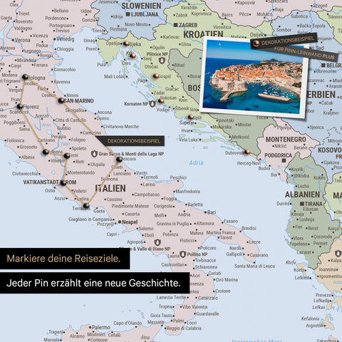 Modern political Europe map in multicolor atlas as Push Pin Map shows a section of Italy, Croatia, and Greece, with already visited travel destinations marked by pins