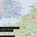 Political Europe map in multicolor atlas as canvas for pinning shows a section of England, France, and Belgium with many details such as national parks, rivers, and numerous small towns and cities, some of which are marked with pins