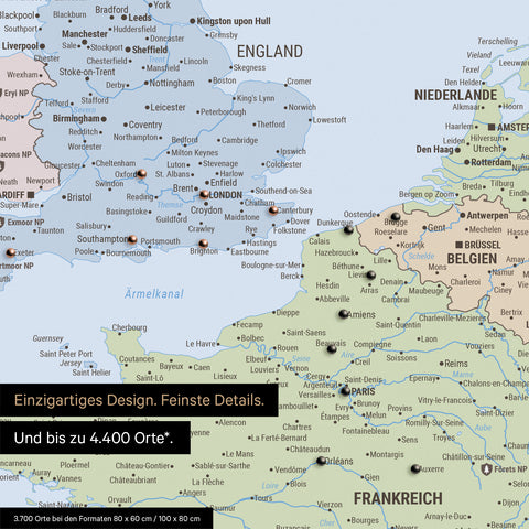 Political Europe map in multicolor atlas as canvas for pinning shows a section of England, France, and Belgium with many details such as national parks, rivers, and numerous small towns and cities, some of which are marked with pins
