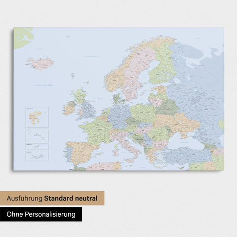 Neutral standard Version of the detailed political Europe map as a pinboard canvas in multicolor atlas without personalization