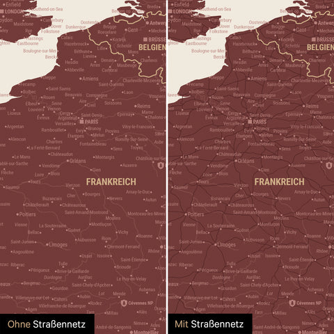 Europe Map TRAVEL® Premium Poster – Bordeaux Red
